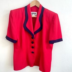 Vintage Red Navy Blue Short Sleeve Office Work Nautical Blazer Top Blouse